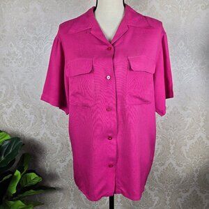 Annie Alexander Size Medium 100% Silk Hot PInk Button Down Shirt Short Sleeve